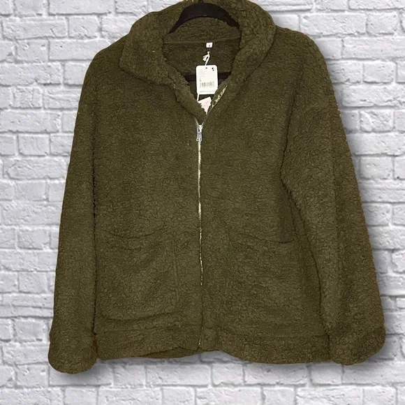 Free People Movement Full Zip Sherpa Jacket Olive Green - Picture 1 of 4